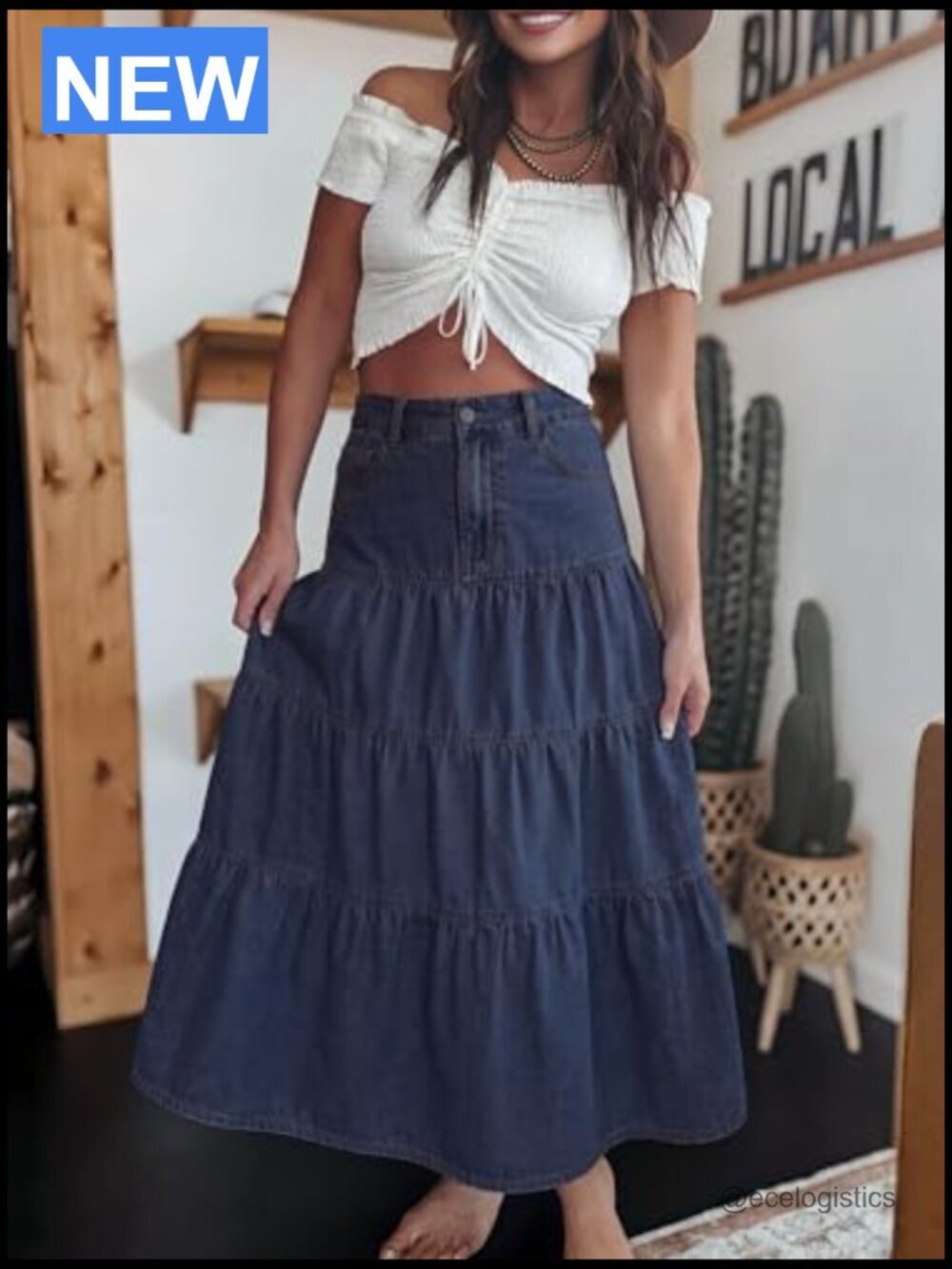 High Waisted Tiered Ruffle Denim Maxi Skirt with Pockets A-Line Boho - Picture 3 of 7